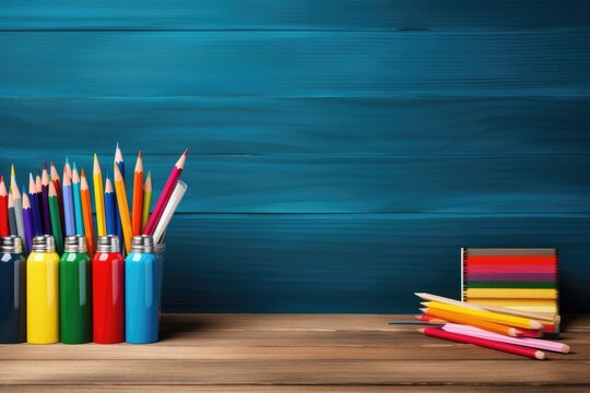 Colorful pencils and stationery on wooden table. Back to school concept, Back to School background concept. School supplies on a wooden background, AI Generated