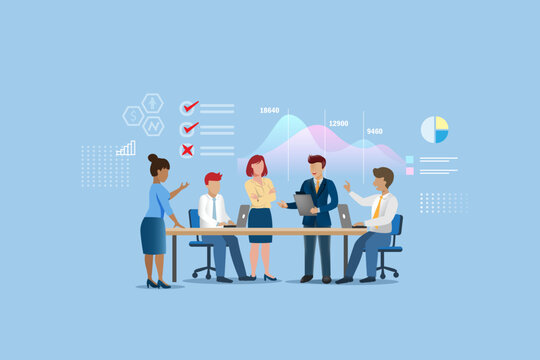 Business team brainstorming, analyzing business graph chart in conference meeting. Business analysis and development for company success growth and achievement. Vector flat design. 