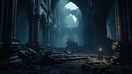 Inside old abbey ruins, mystical landscape. Generative AI.