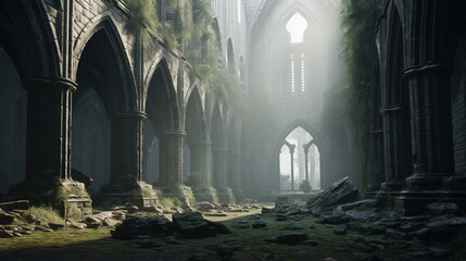 Inside old abbey ruins, mystical landscape. Generative AI.
