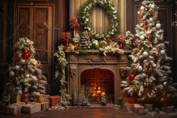 Stylish interior of living room with fireplace decorated Christmas tree. Christmas decoration.