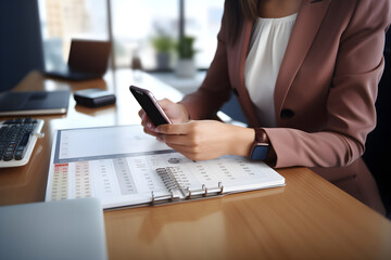 Event planner timetable agenda plan year schedule event. Business woman checking planner on mobile phone, taking note on calendar desk on office table