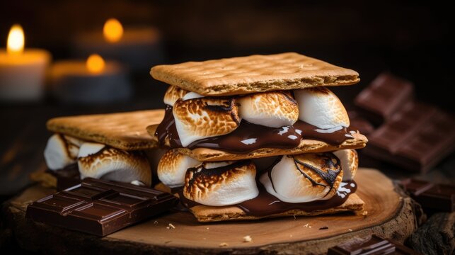 Homemade marshmallow s'mores with chocolate on crackers.