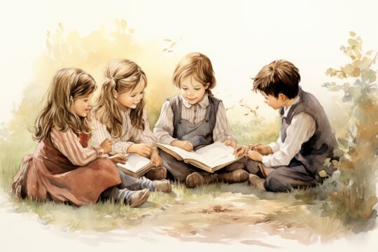 Children reading story book together, Illustration