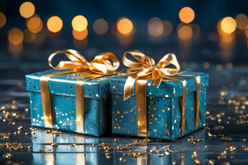 Beautiful gift boxes on the table against blurred festive lights. Christmas celebration