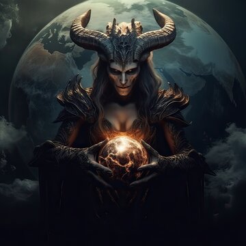 she-devil holds the globe in her hands like a voodoo doll