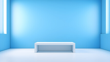 3d render of a modern living room , blank frame and natural shadow. Large empty blue wall room facade. Banner template for product presentation.