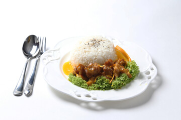 stir fried fresh bbq pork, fish, chicken meat in sweet and sour orange sauce serve with jasmine rice and lettuce on wood tray white background asian chef halal food restaurant banquet menu cafe