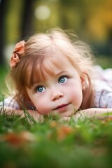 Fototapeta premium shot of an adorable little girl lying on the grass with her head in her hands