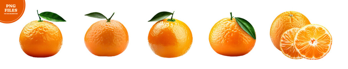 Set of mandarins or tangerines on transparent background