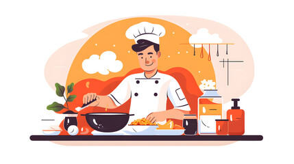 cooking concept chef in uniform Flat illustration Memphis style, People cooking and preparing food. Restaurant chef cooking