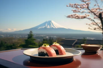 Fotobehang plate of sushi with a view of Mount Fuji in the background © sam