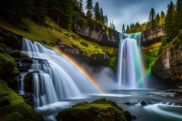 Fototapeta premium waterfall in the forest with rainbow generated by AI tool 