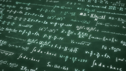 Abstract Physics equation concept, Mathematics calculation, Sciences formula, arithmetic and handwritten geometry symbol, handwriting chalk study on green board background, 3d rendering
