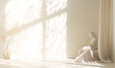Minimalistic light background blurred shadow from the window on a light wall and a woman statue. Generated AI.