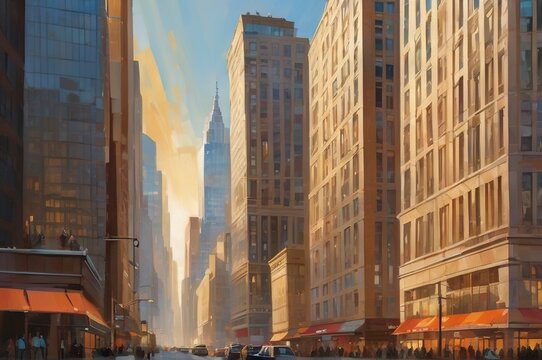 A realistic painting of a sunny city street with buildings and people