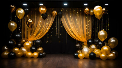 Obraz na płótnie Canvas AI generated, background illustration for birthday celebration, wedding, anniversary, golden balloons, golden curtain and sparking lights on a black background. Copy space is available.