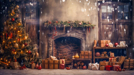 Fototapeta na wymiar Stylish interior of living room with fireplace decorated Christmas tree. Christmas decoration.