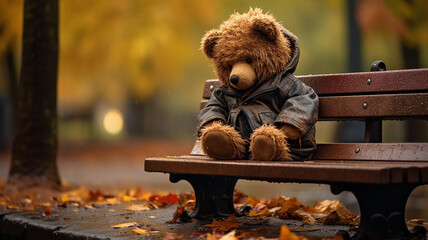 a bear in an atmosphere of loneliness rain and autumn depression - obrazy, fototapety, plakaty