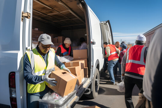Group of Hardworking Volunteers Preparing Donated Free Food at Local Humanitarian Aid Donation Centre
