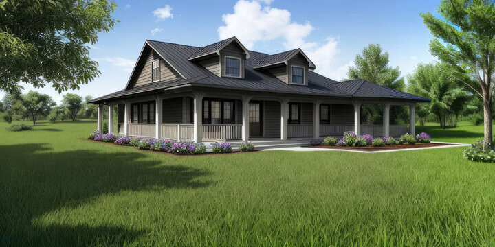 Photorealistic exterior house environment with scenic green grass and trees