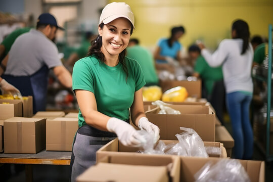 Portrait of a Female Volunteer Preparing Free Food Delivery for Low Income People. Charity Workers and Members of the Community Work Together in Local Humanitarian Aid Donation Centre