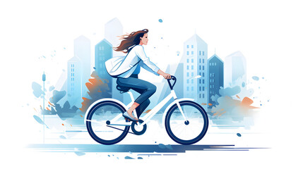 A person riding a bicycle, a happy young girl rides a bicycle or bike vector Memphis style, in the city background. Healthy lifestyle, watercolor Vector illustration, a cyclist on the road - obrazy, fototapety, plakaty