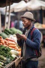 shot of a young farmer using a cellphone while working at his market stall