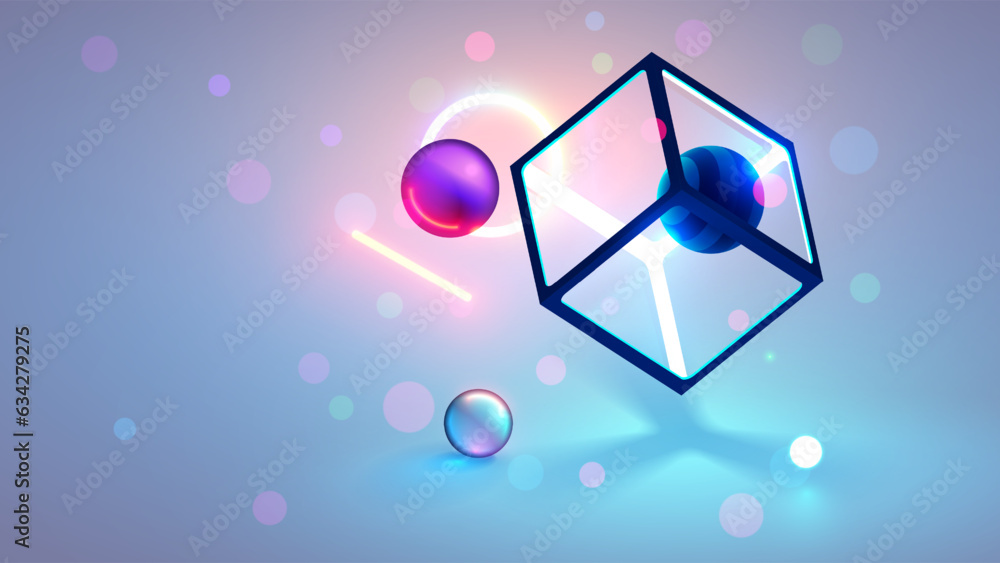 Aufkleber Abstract futuristic technological background with 3d objects in space on a light white background. Neon glowing geometric shapes hang in the air in 3d space. Abstract tech banner in a modern style.