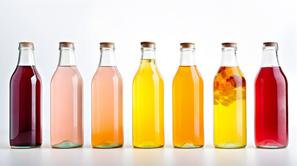 An assortment of kombucha bottles is artfully arranged, their translucent contents exuding an enticing and health-conscious appeal.
