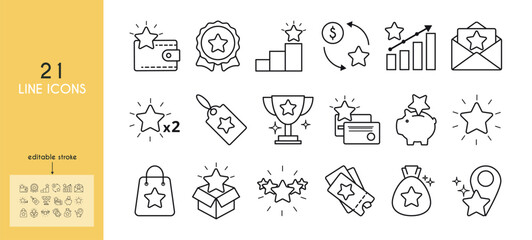Exclusive benefits line icon set. Star, money, order, piggy bank, cup, letter, credit card, coupon, wallet, doubling, rating, bag, location, box, gift bag vector illustration. Outline sings. Editable