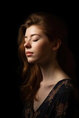 studio shot of a beautiful young woman with her eyes closed against a dark background