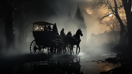 Fototapeta premium a cab a horse drawn carriage in the night fog detective old europe