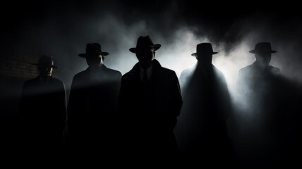 mafia black figures come out silhouettes from the night fog black and white photo - obrazy, fototapety, plakaty