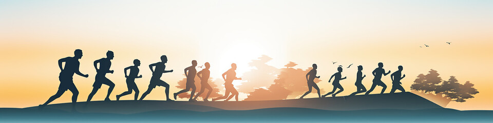Fototapeta na wymiar marathon, runners running in nature drawing flat graphics background minimalism