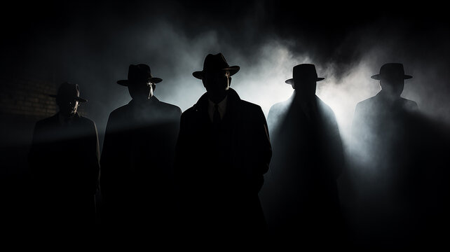 mafia black figures come out silhouettes from the night fog black and white photo