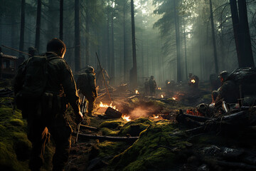 soldiers are fighting on the forest Generative AI
