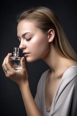 studio shot of an attractive young woman spraying her face with perfume against a grey background