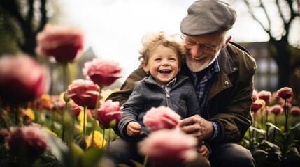 grandfather and grandson in spring garden