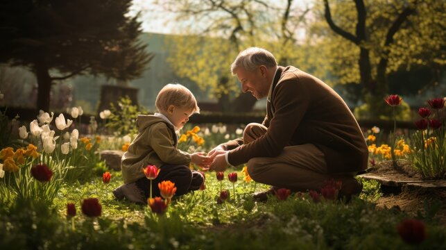 grandfather and grandson in spring garden