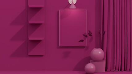 Viva magenta is a trend colour of fashion. Fashion lifestyle concept Mannequins with space for promotional advertisements on sales and podiums, shelf. Product show stand on dark pink background.
