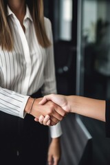 Naklejka premium cropped shot of two unrecognizable businesswomen shaking hands in their office