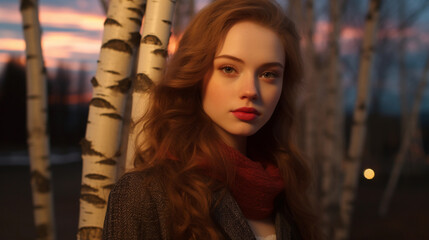 Young elegant red hair women feeling confident and comfortable in their own skin at evening, portrait