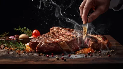 Rolgordijnen Chef hands cooking meat steak. Juicy steak on kitchen table with herbs and spices. On a dark background. © Yaruniv-Studio