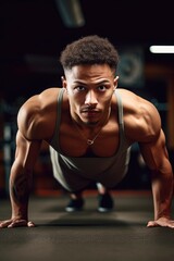 shot of a young man doing pushups while working out in the gym