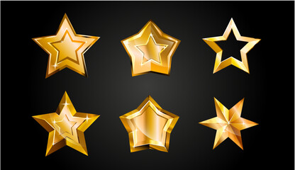 A set of gold stars. Gold metallic shiny medals in the form of a star.