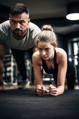 Fototapeta na wymiar shot of a young woman doing pushups in front of her personal trainer