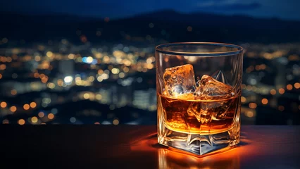Fotobehang A glass of whiskey on a table in a sky bar with a city night view in the background © 대연 김