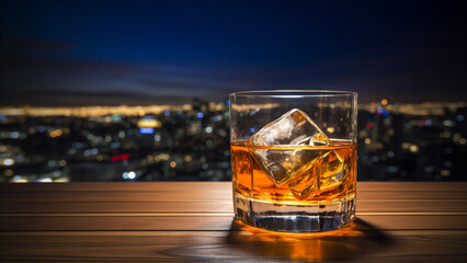 A glass of whiskey on a table in a sky bar with a city night view in the background