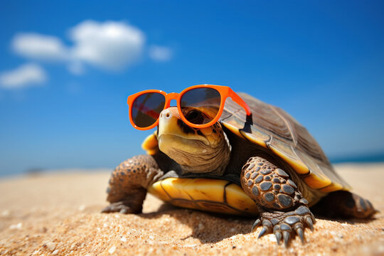 A turtle is on a sandy beach wearing sunglasses.